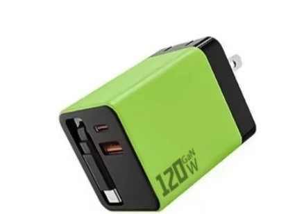 Axomag Coil 120W GaN charger in green with built-in cable