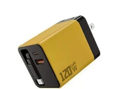 Axomag Coil 120W GaN charger in yellow with built-in cable