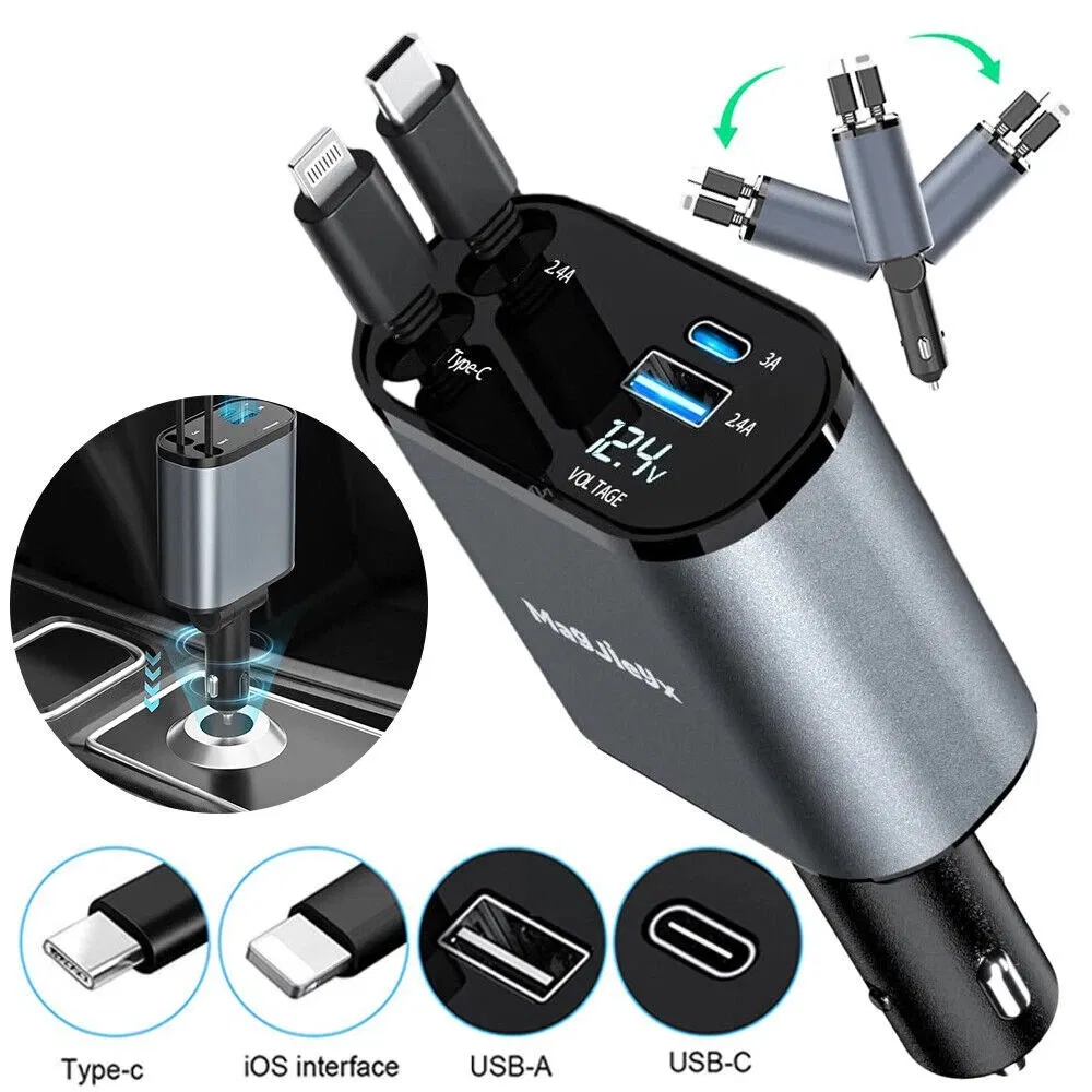 Axomag Socket 100W retractable car charger with four ports and voltage display
