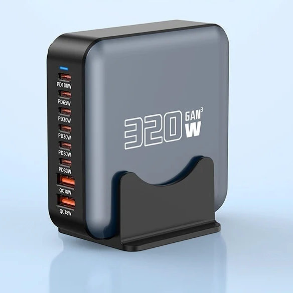 Axomag Tower 320W GaN desktop charger with six ports and stand